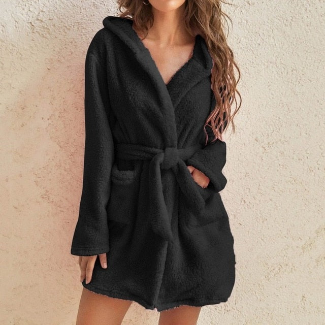 Women Hooded Fleece Bathrobe