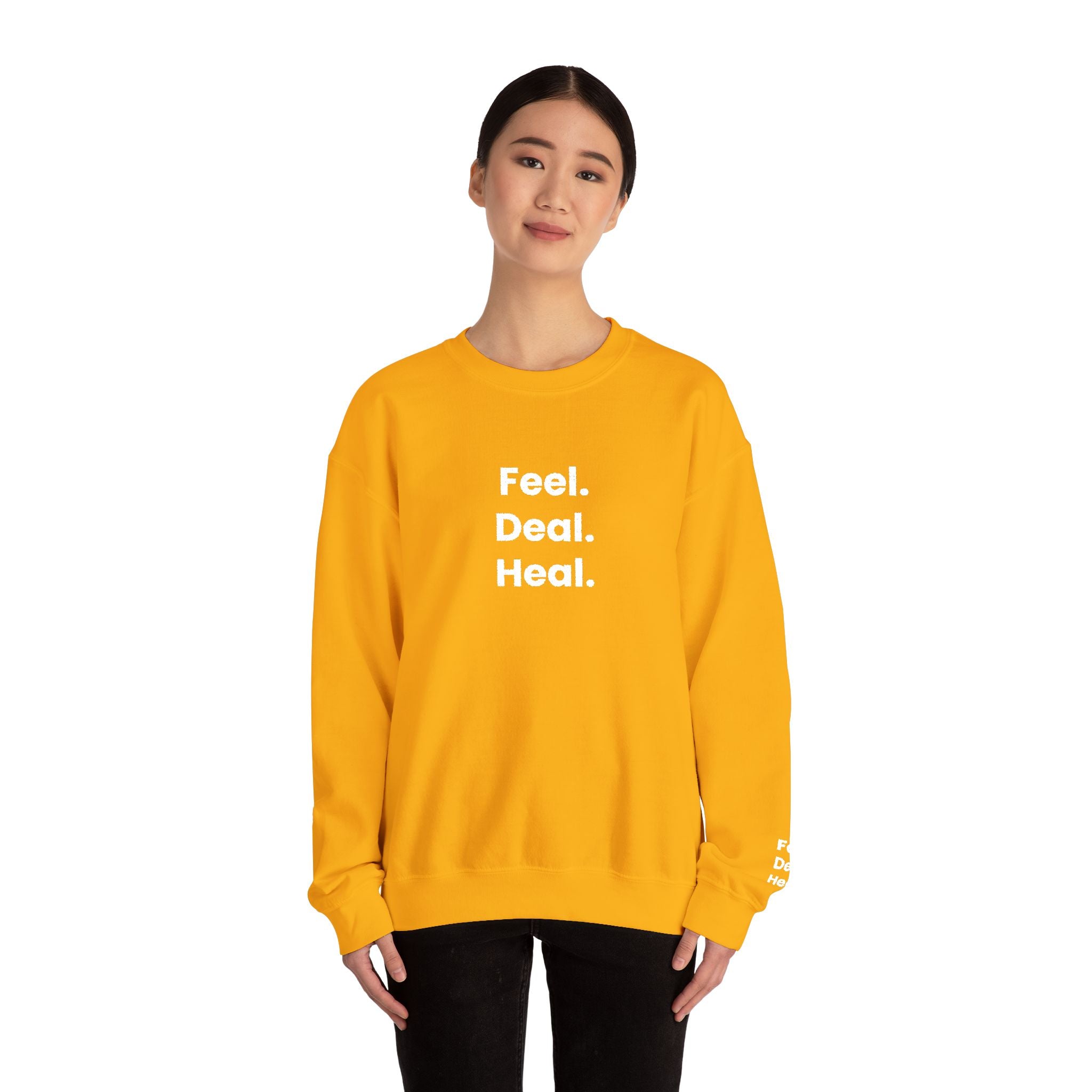 Crewneck Sweatshirt — "Feel. Deal. Heal." Minimal Wellness Pullover