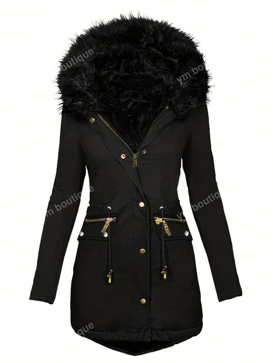 Women Hooded Faux Fur Collar Jacket, Autumn/Winter