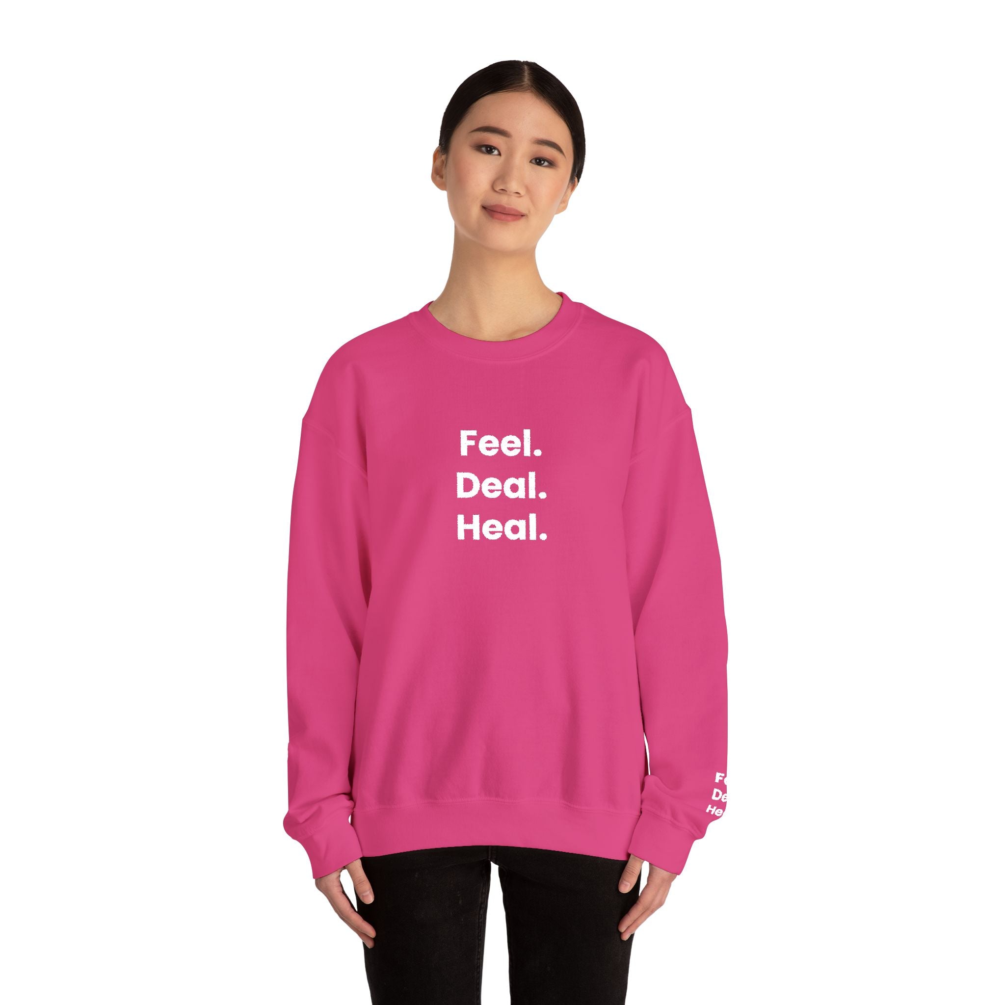 Crewneck Sweatshirt — "Feel. Deal. Heal." Minimal Wellness Pullover