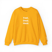 Crewneck Sweatshirt — "Feel. Deal. Heal." Minimal Wellness Pullover