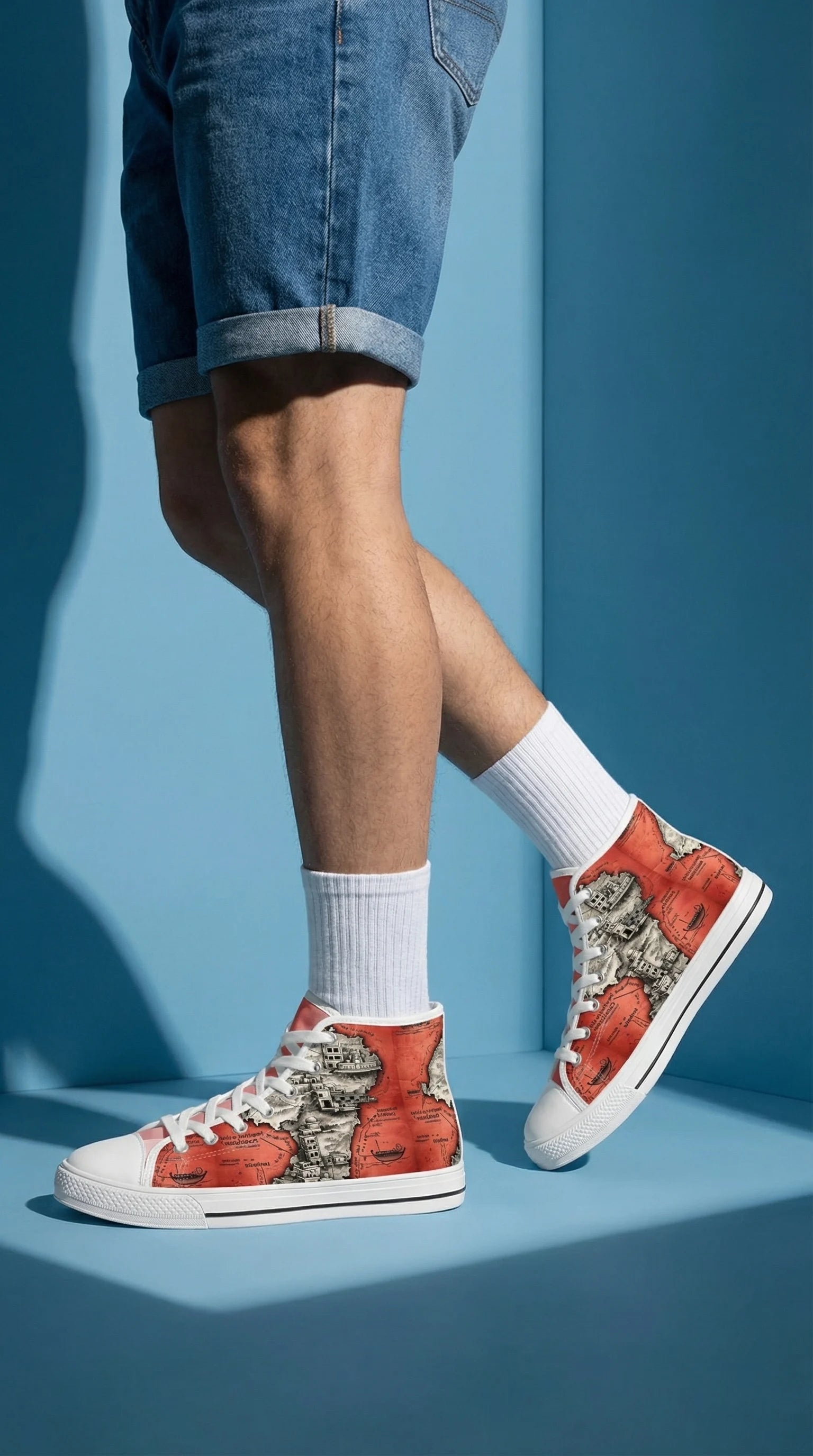 Indus Civilization Map High Top Sneakers (Red & White)