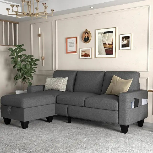 Living Room Sofa,Beige Linen Modern 3 Seater L Shaped Upholstered Furniture,Reversible Footrest with Storage  Sofa