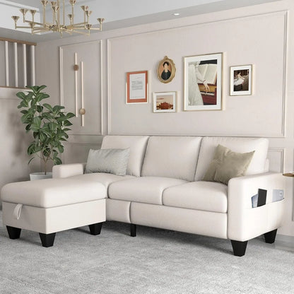 Living Room Sofa,Beige Linen Modern 3 Seater L Shaped Upholstered Furniture,Reversible Footrest with Storage  Sofa