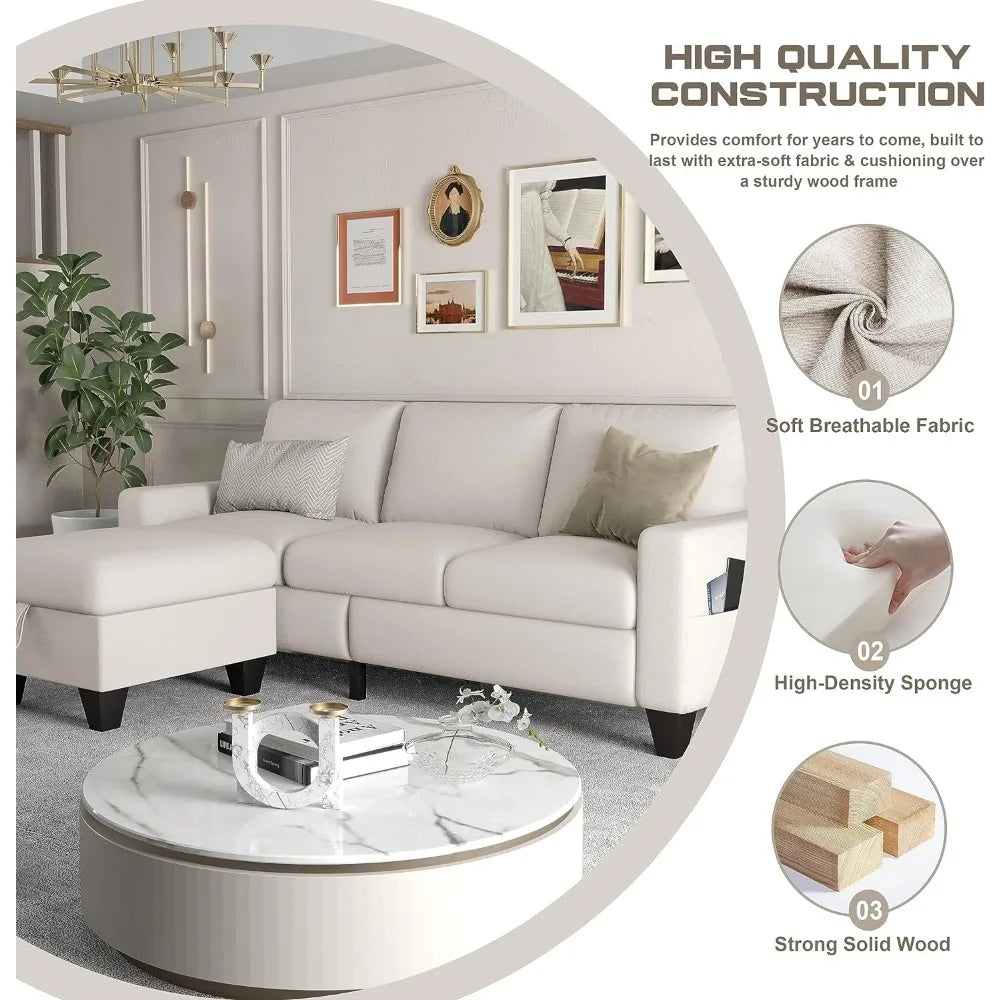 Living Room Sofa,Beige Linen Modern 3 Seater L Shaped Upholstered Furniture,Reversible Footrest with Storage  Sofa