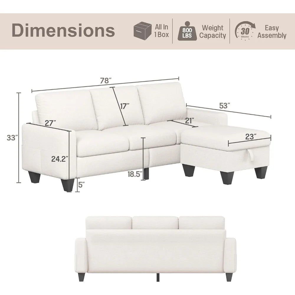 Living Room Sofa,Beige Linen Modern 3 Seater L Shaped Upholstered Furniture,Reversible Footrest with Storage  Sofa