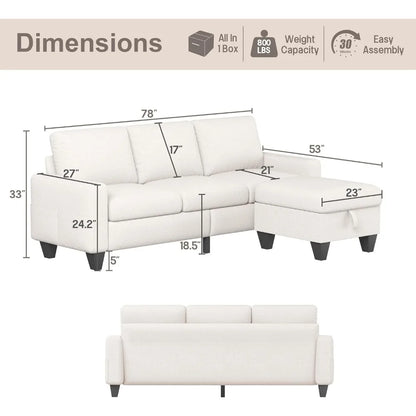 Living Room Sofa,Beige Linen Modern 3 Seater L Shaped Upholstered Furniture,Reversible Footrest with Storage  Sofa