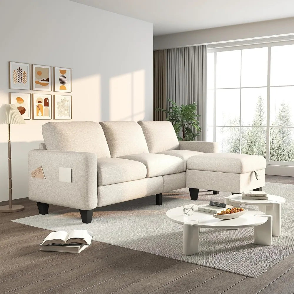 Living Room Sofa,Beige Linen Modern 3 Seater L Shaped Upholstered Furniture,Reversible Footrest with Storage  Sofa