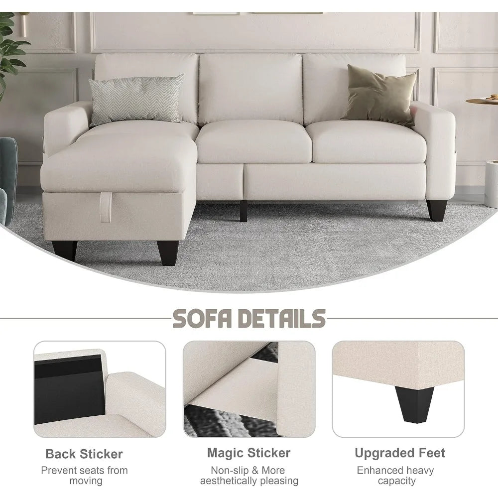 Living Room Sofa,Beige Linen Modern 3 Seater L Shaped Upholstered Furniture,Reversible Footrest with Storage  Sofa