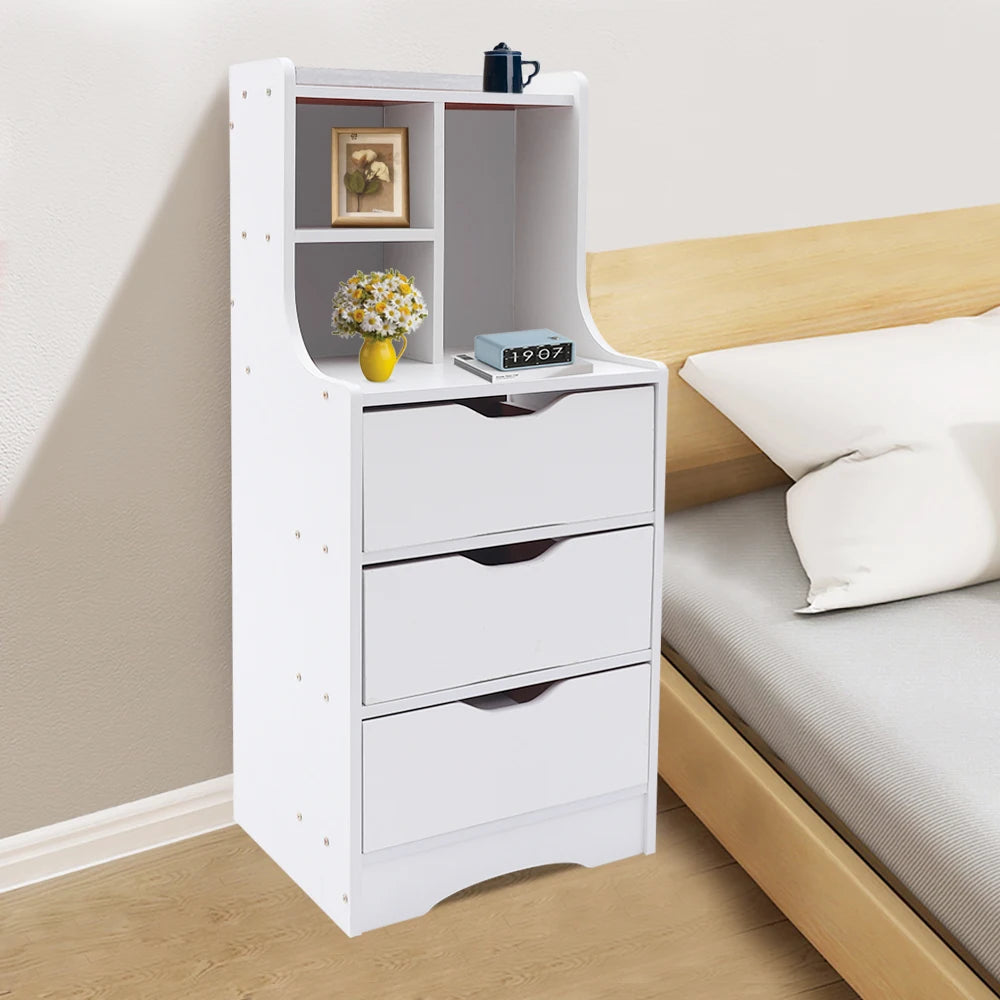 Modern Bedroom Storage Bedside Organizer Nightstand Furniture with 3 Drawer White