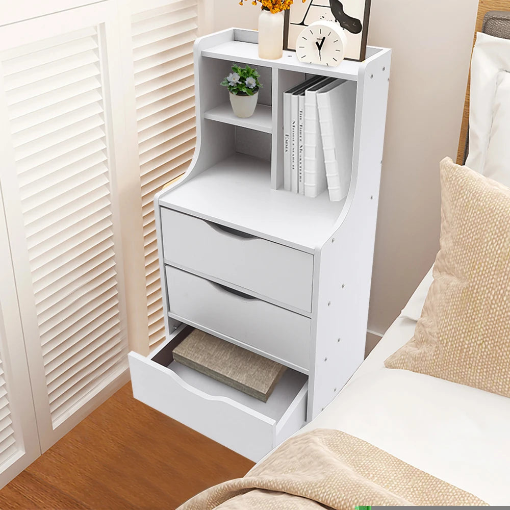 Modern Bedroom Storage Bedside Organizer Nightstand Furniture with 3 Drawer White