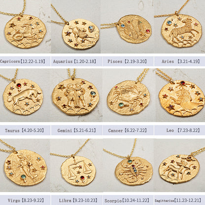 Gold Coin Disk Pendant Zodiac Necklace for Men Women