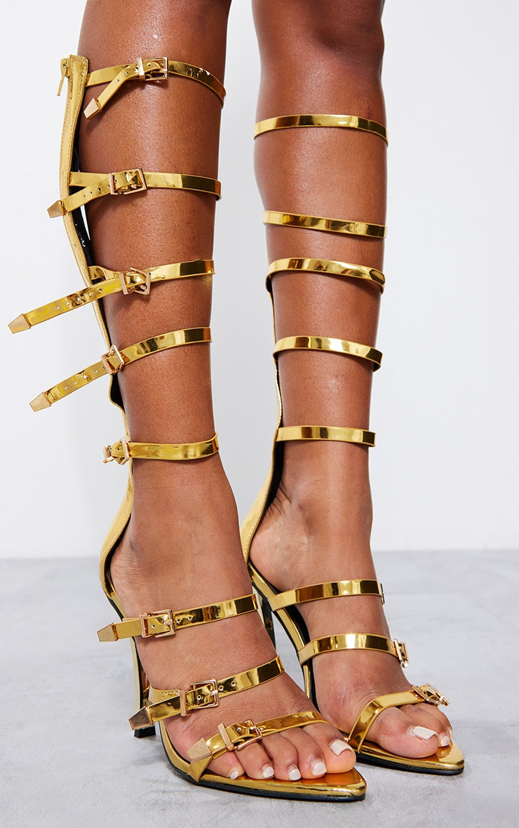 Gold Pointed Multi Buckle Strap Knee High Heeled Sandals