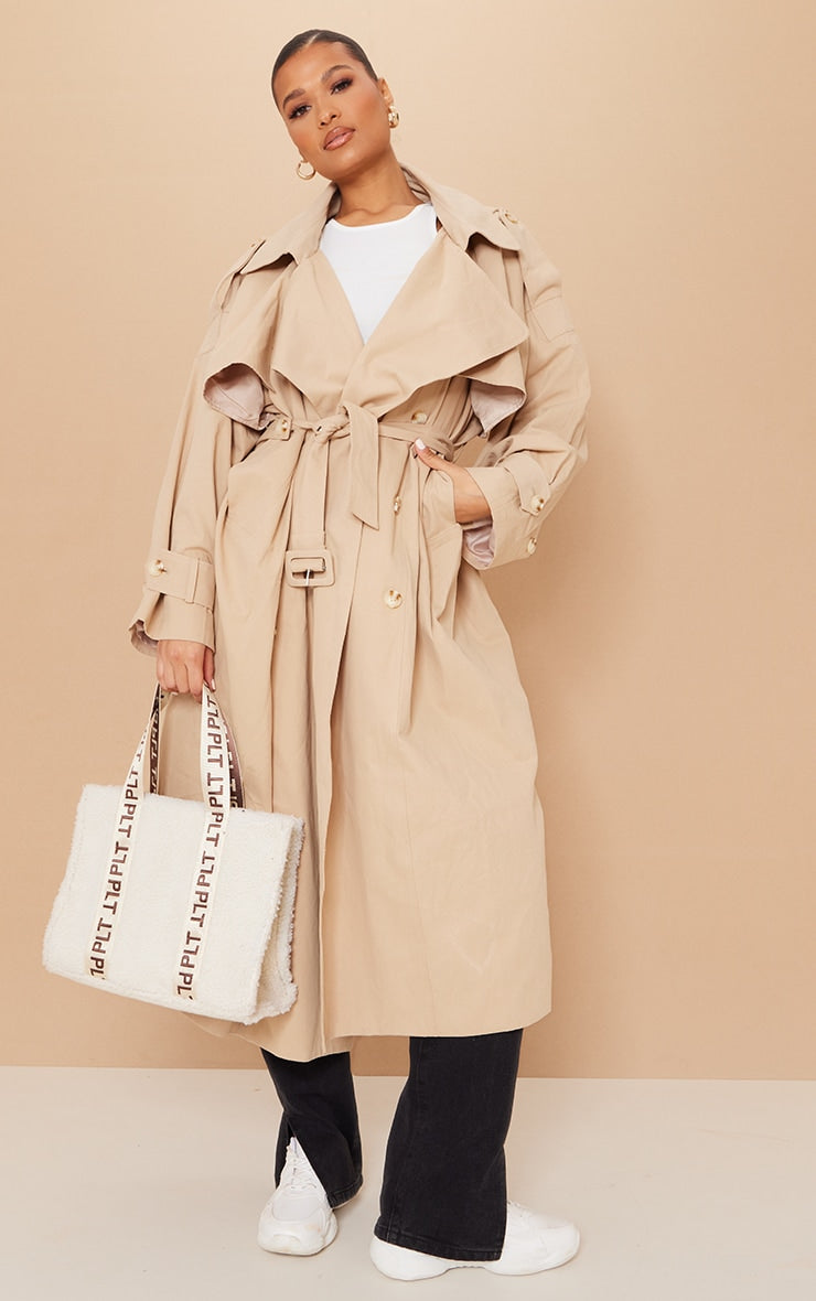 Stone Woven Hooded Oversized Trench Coat