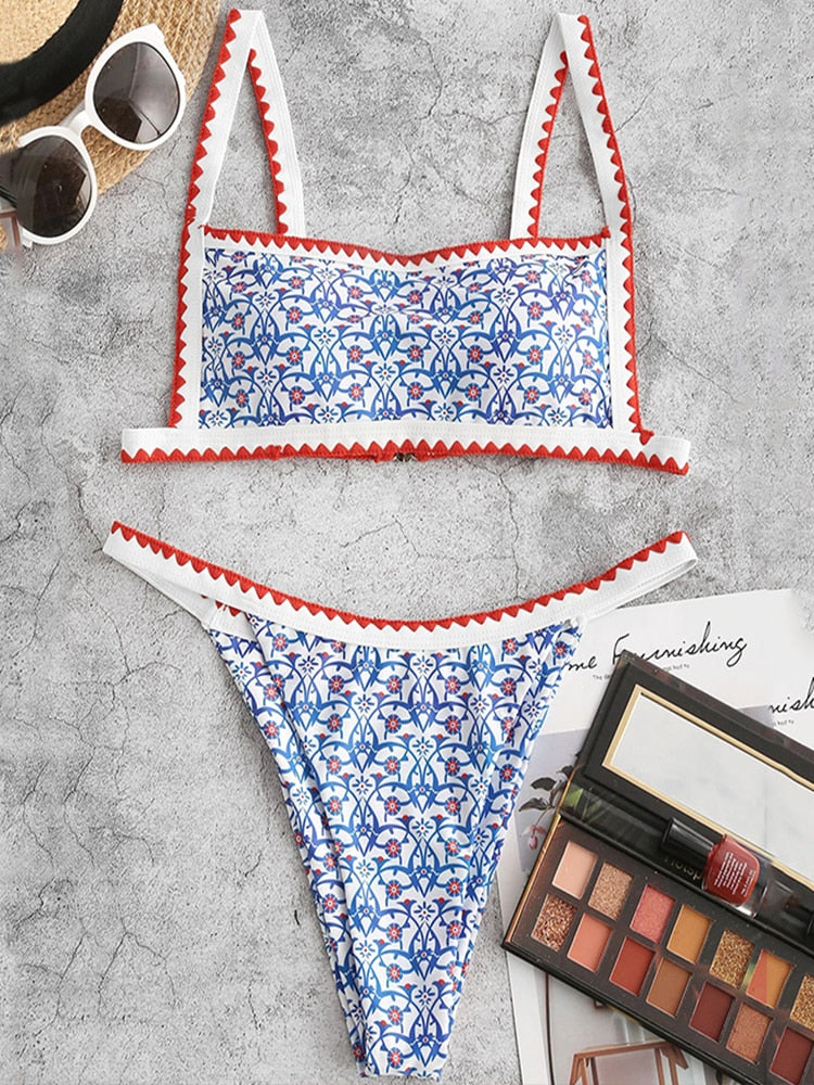 Swimwear female print bikini High cut swimsuit women High cut bathing suit Sports 2 pieces set biquini new