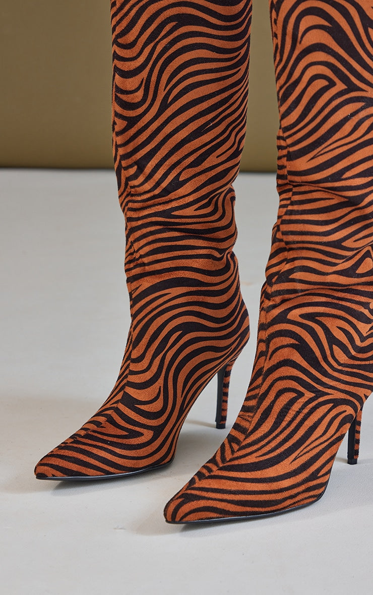 Zebra Printed Faux Suede Point Toe Stiletto Heeled Knee Boots