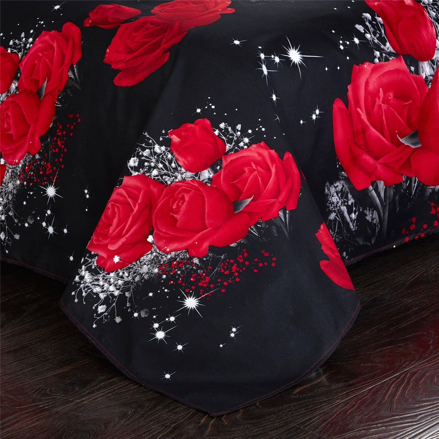 Red Flowers Rose Black Modern Luxury Comforter Bedding Set