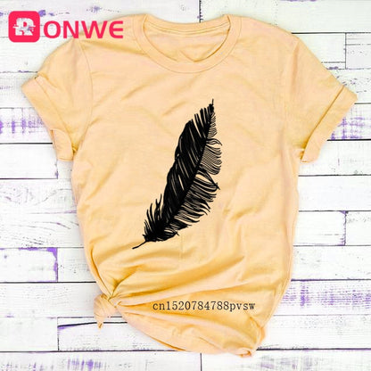 Women Casual Fashion T-shirt Feather Print Loose O-neck Short Sleeve Elastic Stretched Summer Home New Tee Shirt