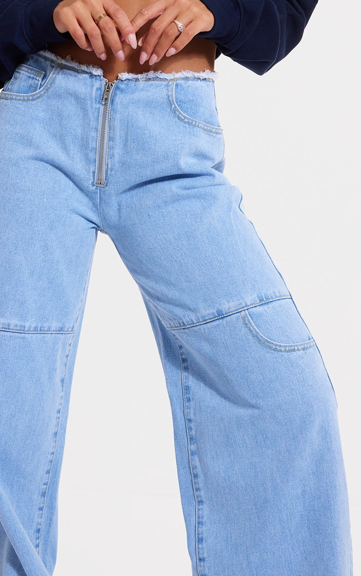 Light Blue Wash Frayed Waistband Wide Leg Denim Jeans