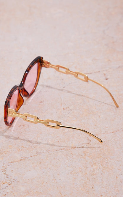 Tortoiseshell Oversized Pink Lens Chunky Chain Sunglasses