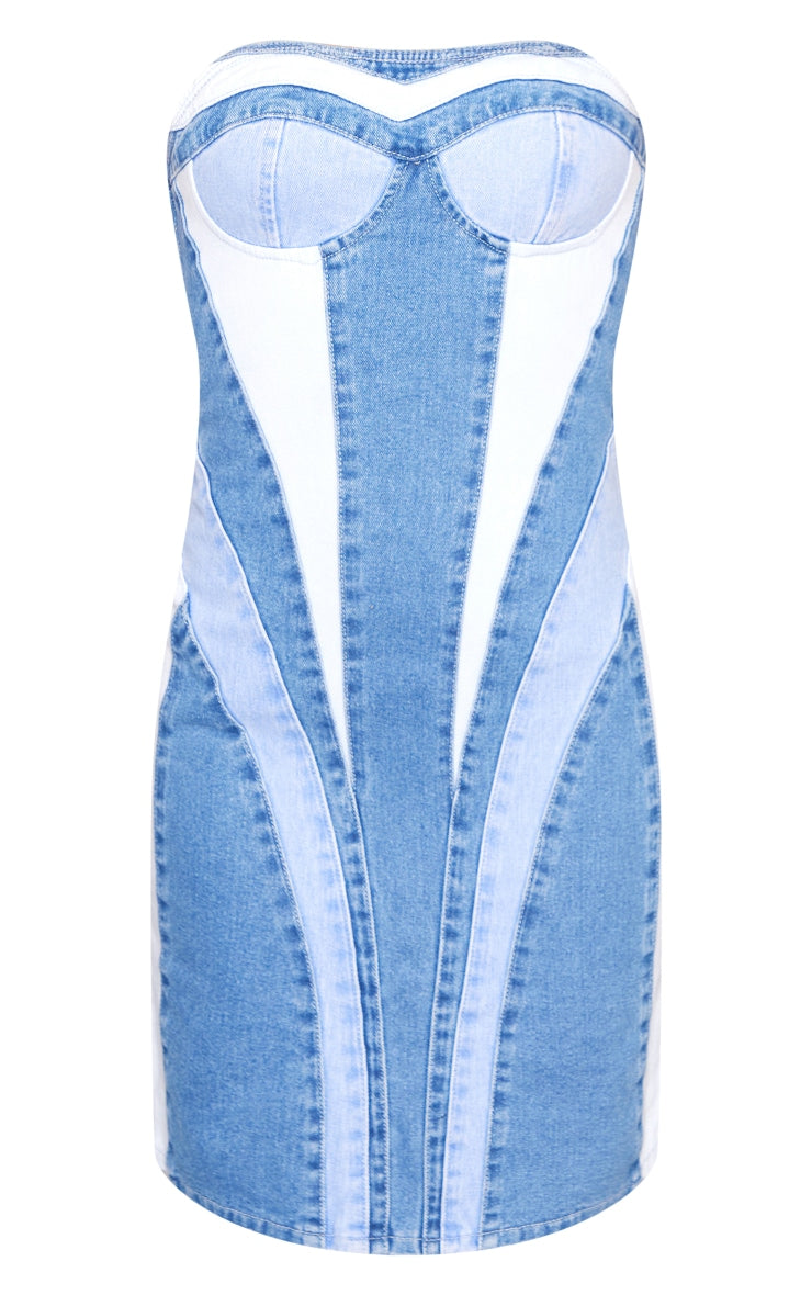 Mid Blue Wash Contrast Panel Denim Mini Dress