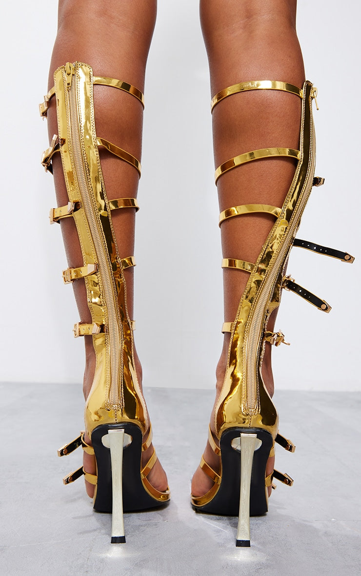 Gold Pointed Multi Buckle Strap Knee High Heeled Sandals