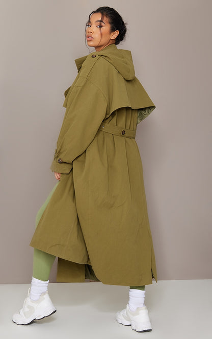 Stone Woven Hooded Oversized Trench Coat