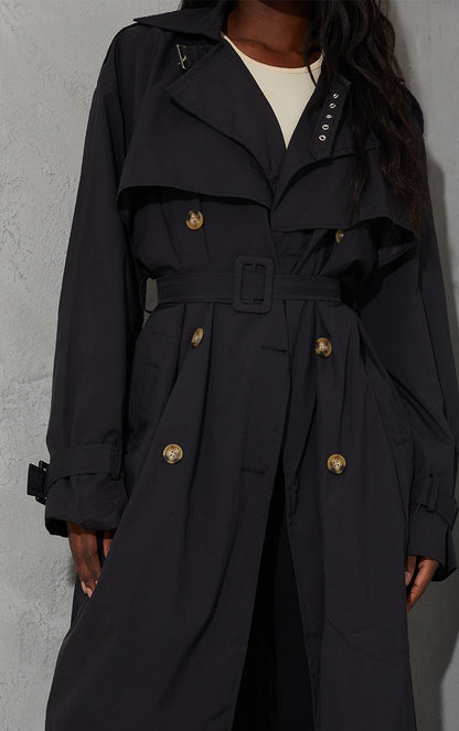 Tall Black Oversized Belted Midi Trench