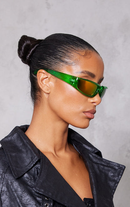 Green Mirrored Squared Sporty Visor Sunglasses