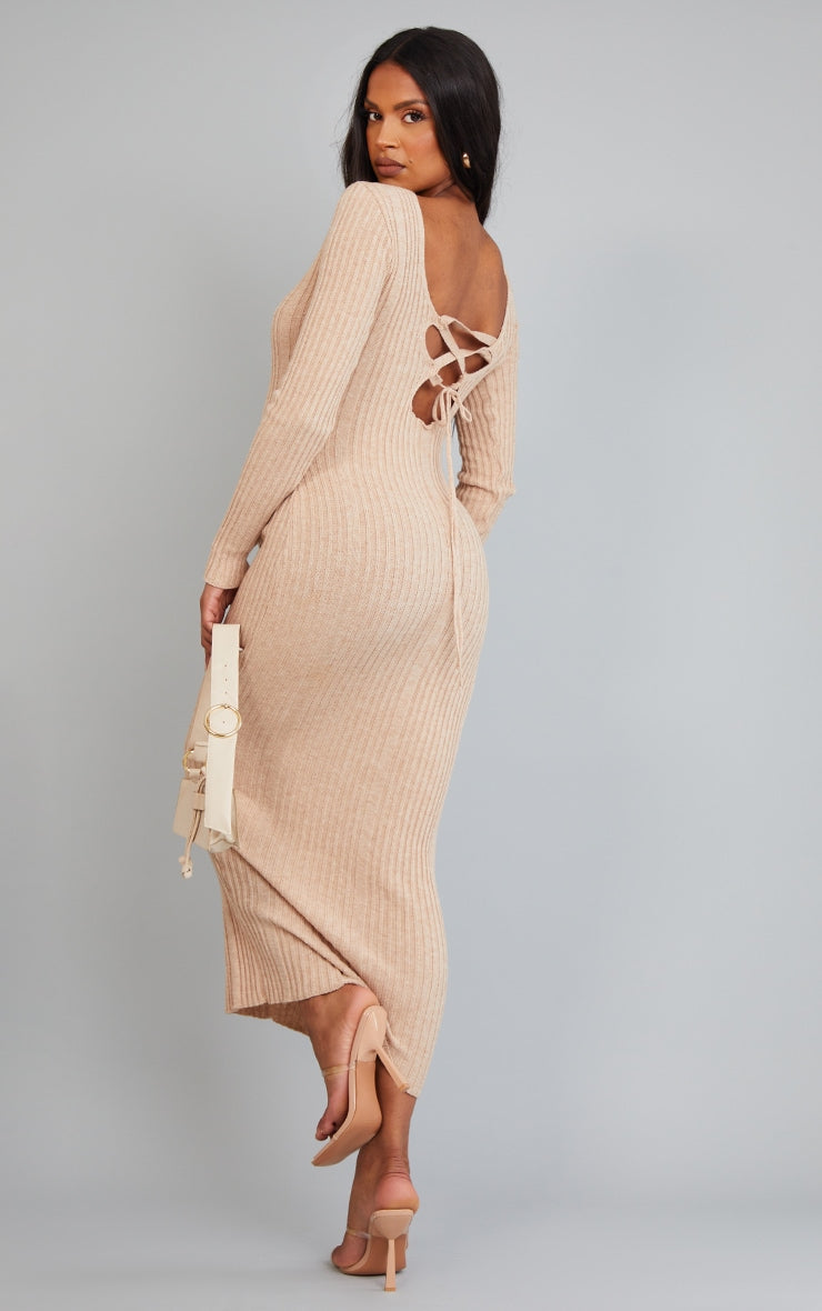 Maternity Cream Knitted Midaxi Tie Back Bodycon Dress