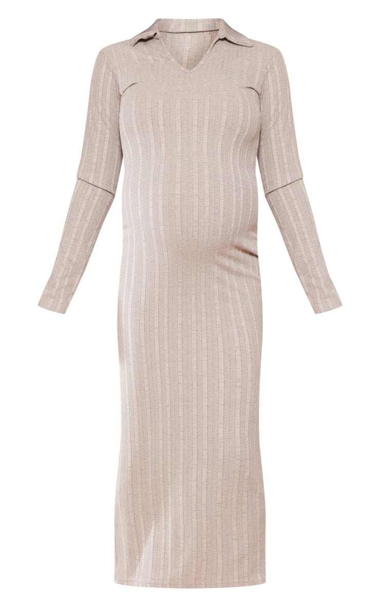 Maternity Oatmeal Ribbed Polo Neck Maxi Dress