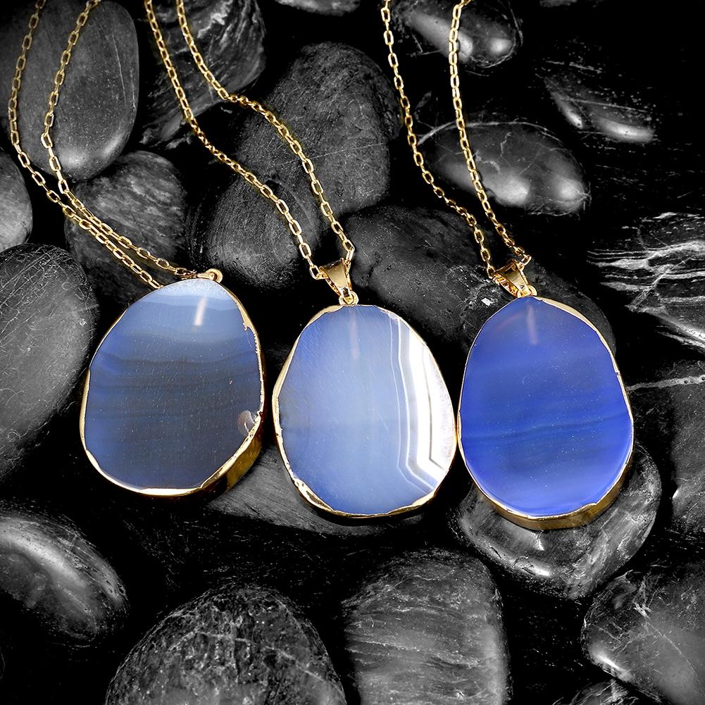 Natural Agate Blue Stone Necklace in 18K Gold Plated