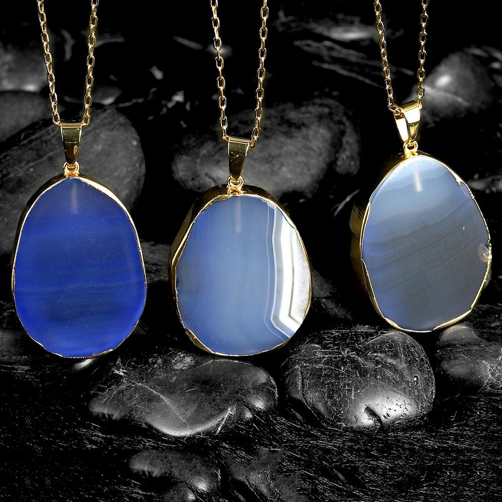 Natural Agate Blue Stone Necklace in 18K Gold Plated