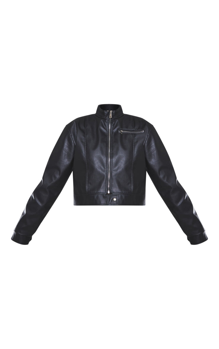 Black Pocket Detail Faux Leather Biker Jacket