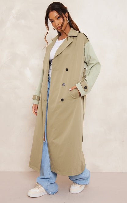 Khaki Belted Two Tone Trench Coat