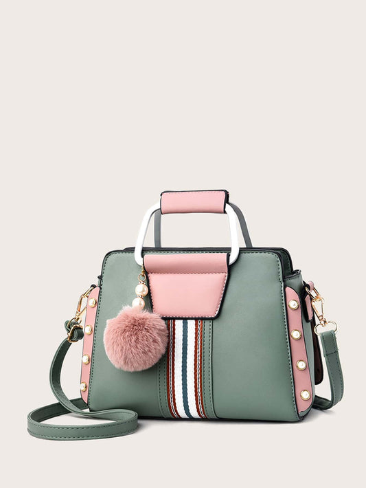 Faux Pearl Pom pom Striped Panel Satchel Bag