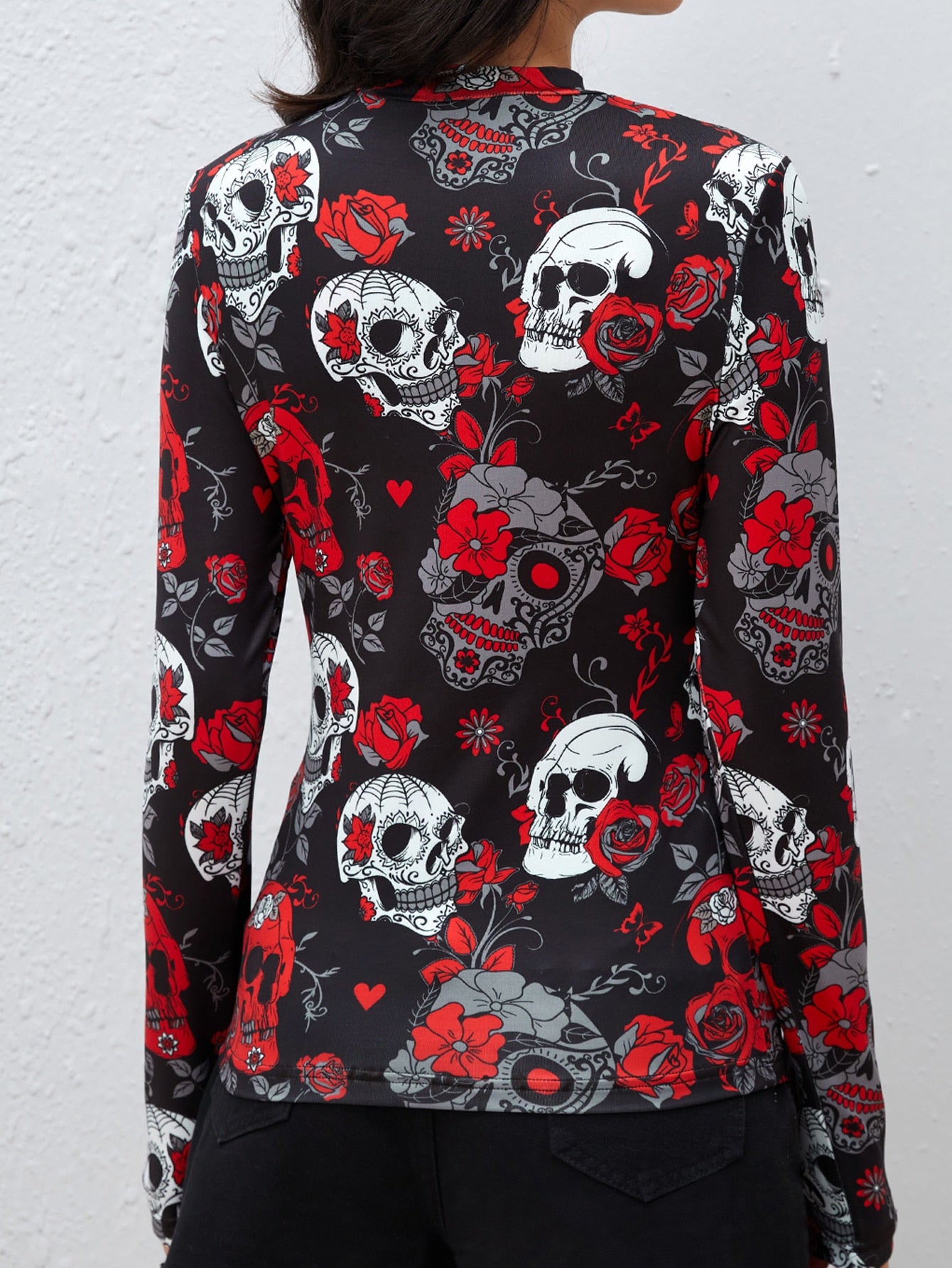 Girls Skeleton And Floral Print Mock Neck Tee, Halloween tshirt, Halloween skull women wear