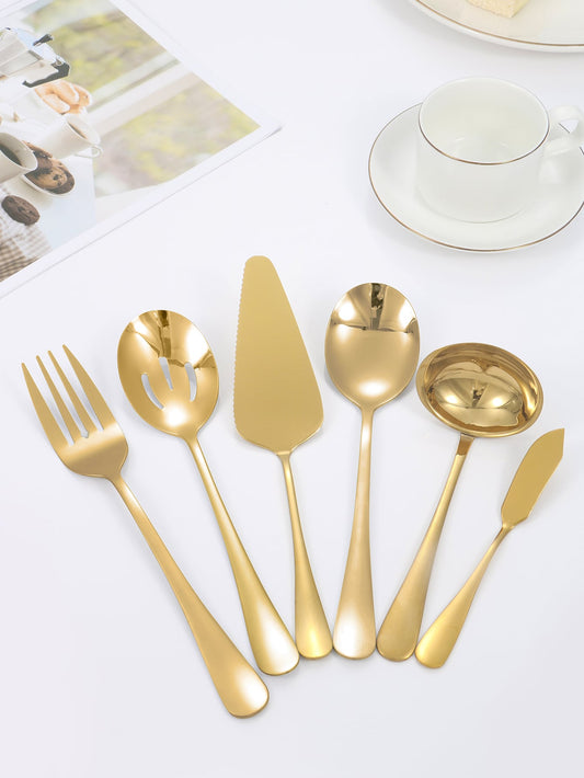 6pcs/set Solid Stainless Steel Cutlery, Simple Gold Flatware Set For Dining