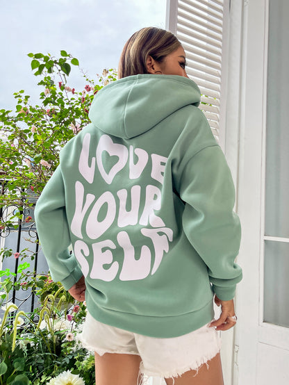 Qutie Slogan Graphic Drop Shoulder Drawstring Thermal Lined Hoodie