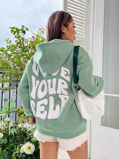 Qutie Slogan Graphic Drop Shoulder Drawstring Thermal Lined Hoodie