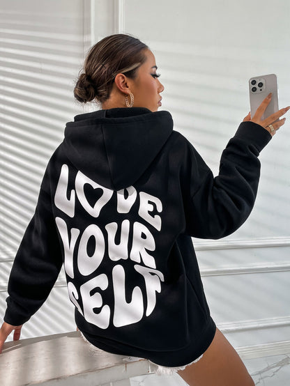 Qutie Slogan Graphic Drop Shoulder Drawstring Thermal Lined Hoodie