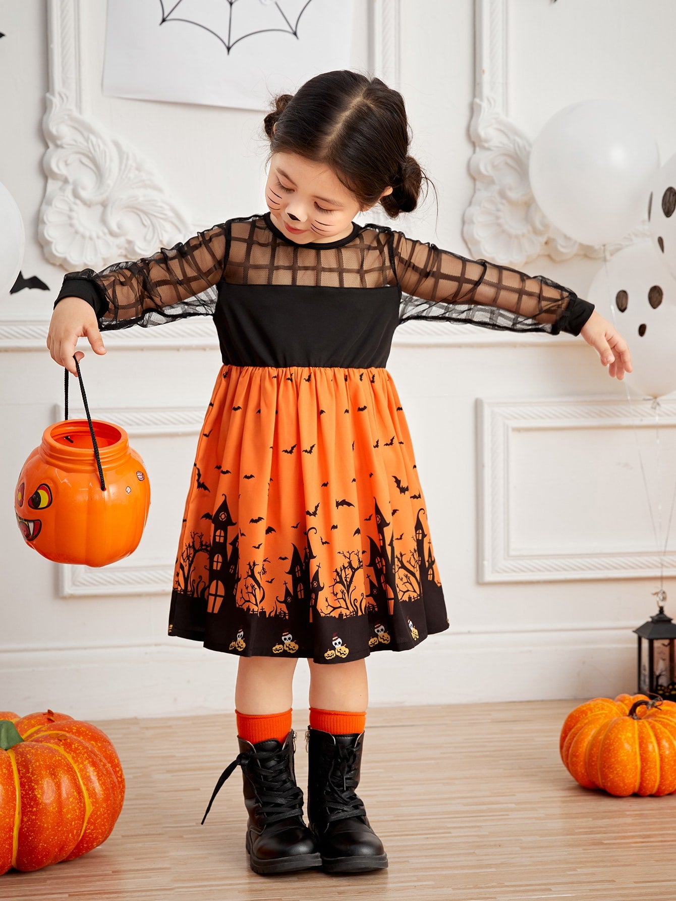 Toddler Girls Halloween Print Contrast Mesh Dress