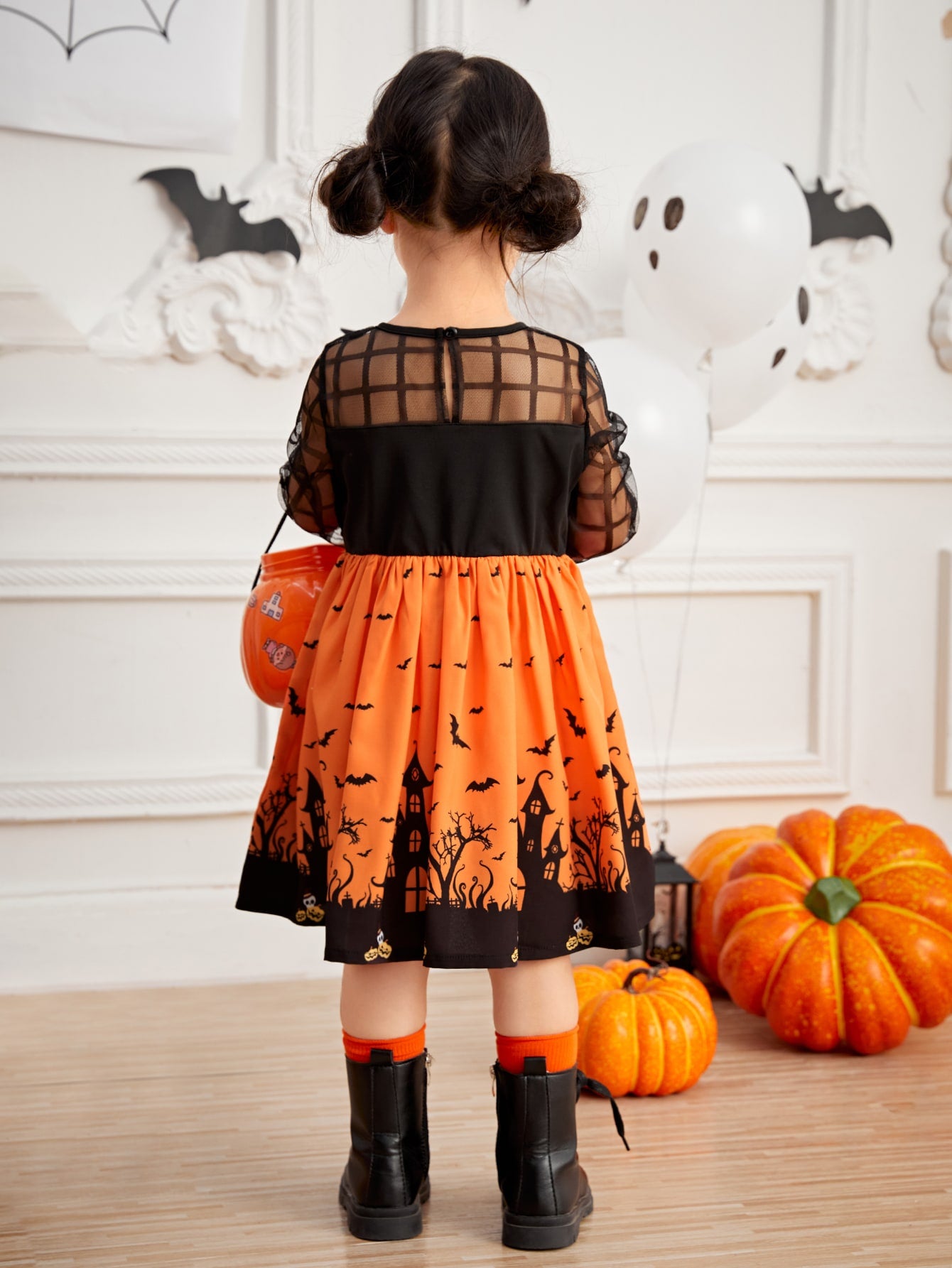 Toddler Girls Halloween Print Contrast Mesh Dress