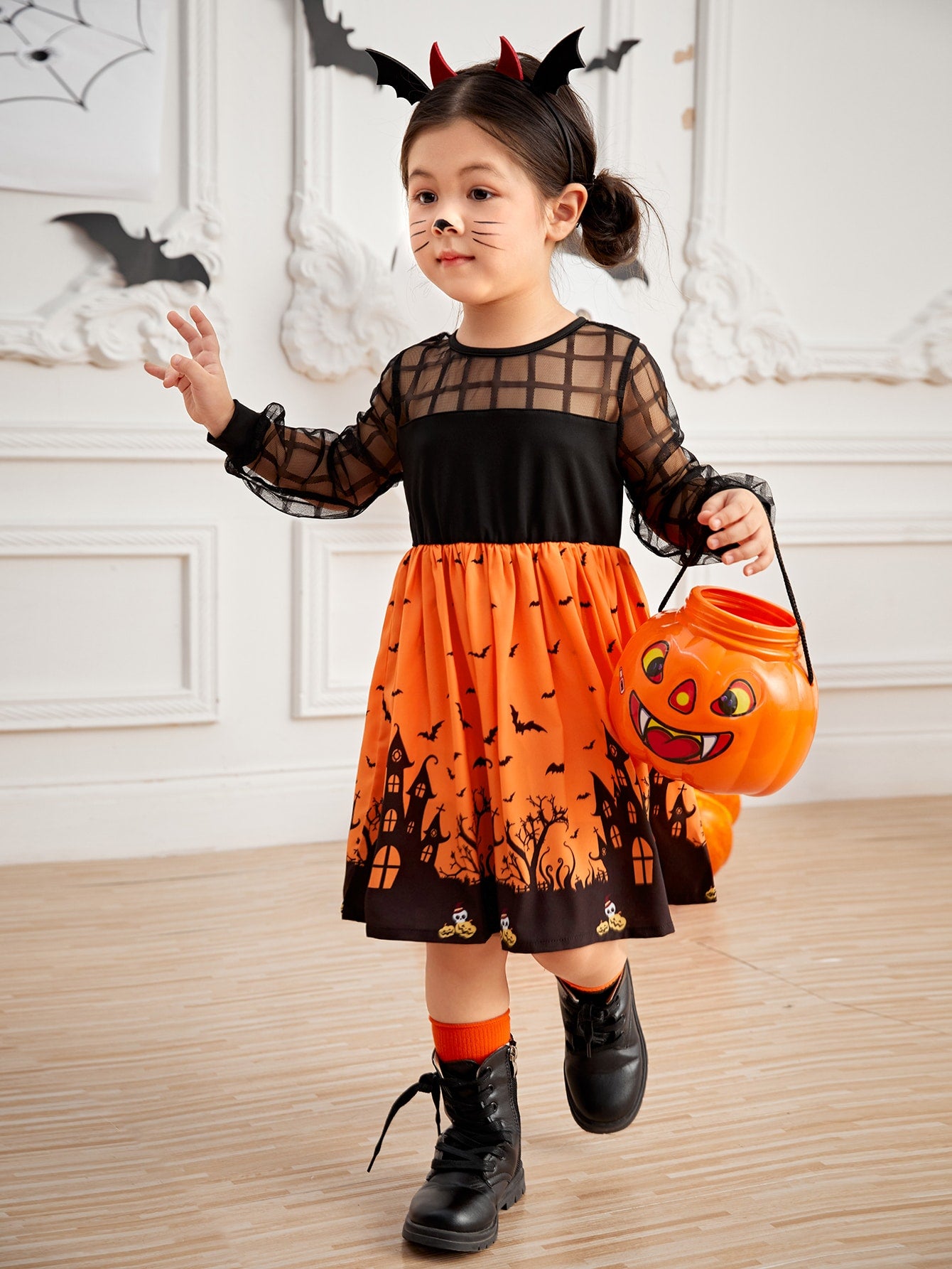 Toddler Girls Halloween Print Contrast Mesh Dress