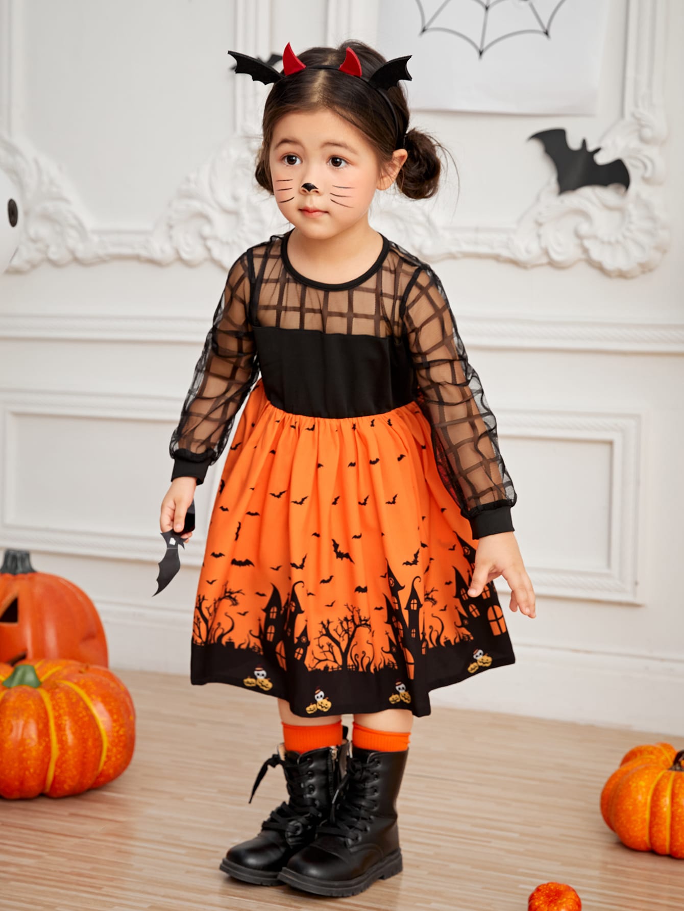 Toddler Girls Halloween Print Contrast Mesh Dress