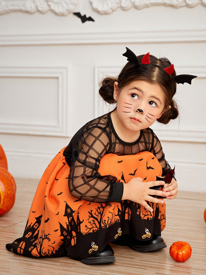 Toddler Girls Halloween Print Contrast Mesh Dress