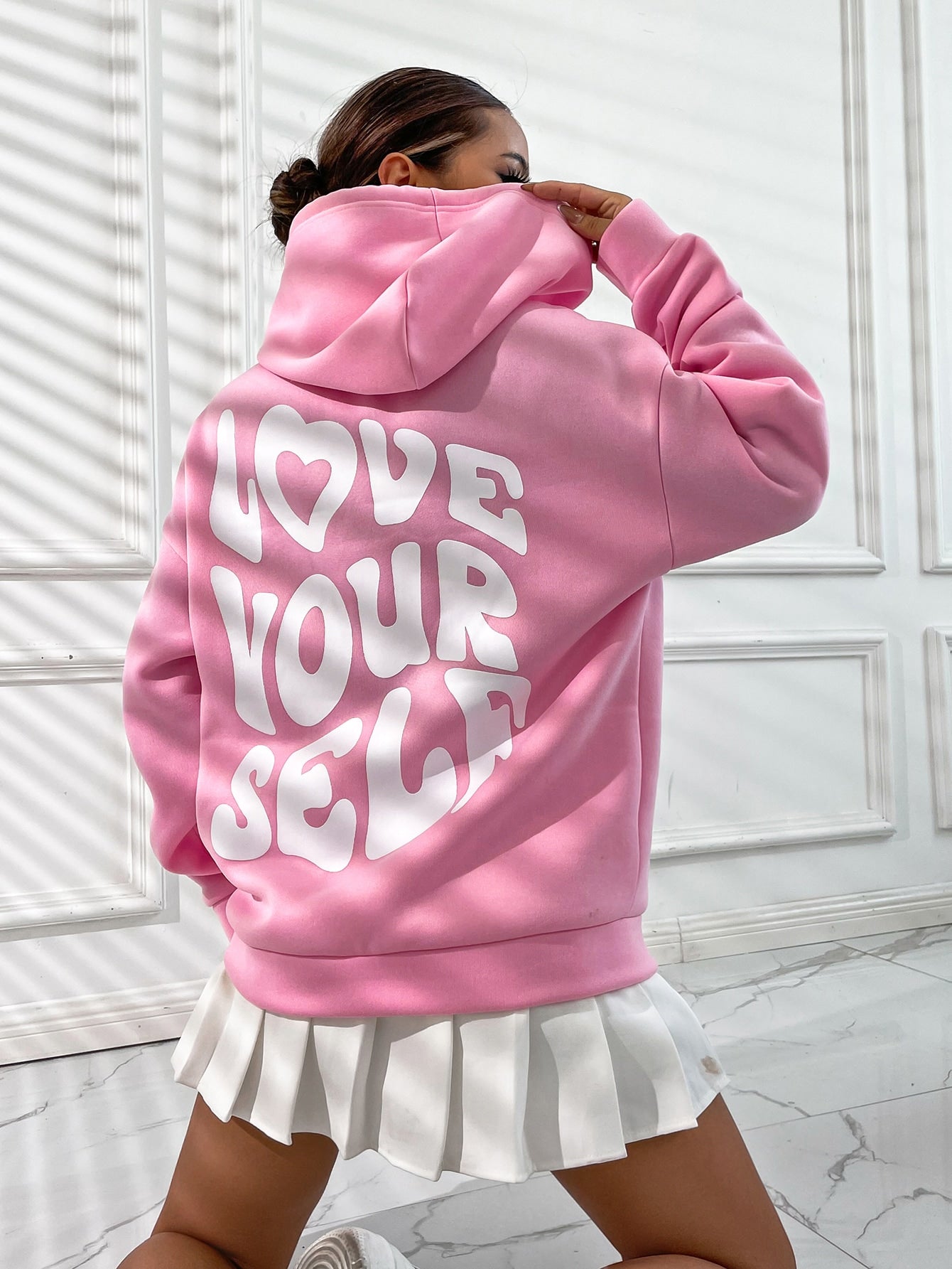 Qutie Slogan Graphic Drop Shoulder Drawstring Thermal Lined Hoodie