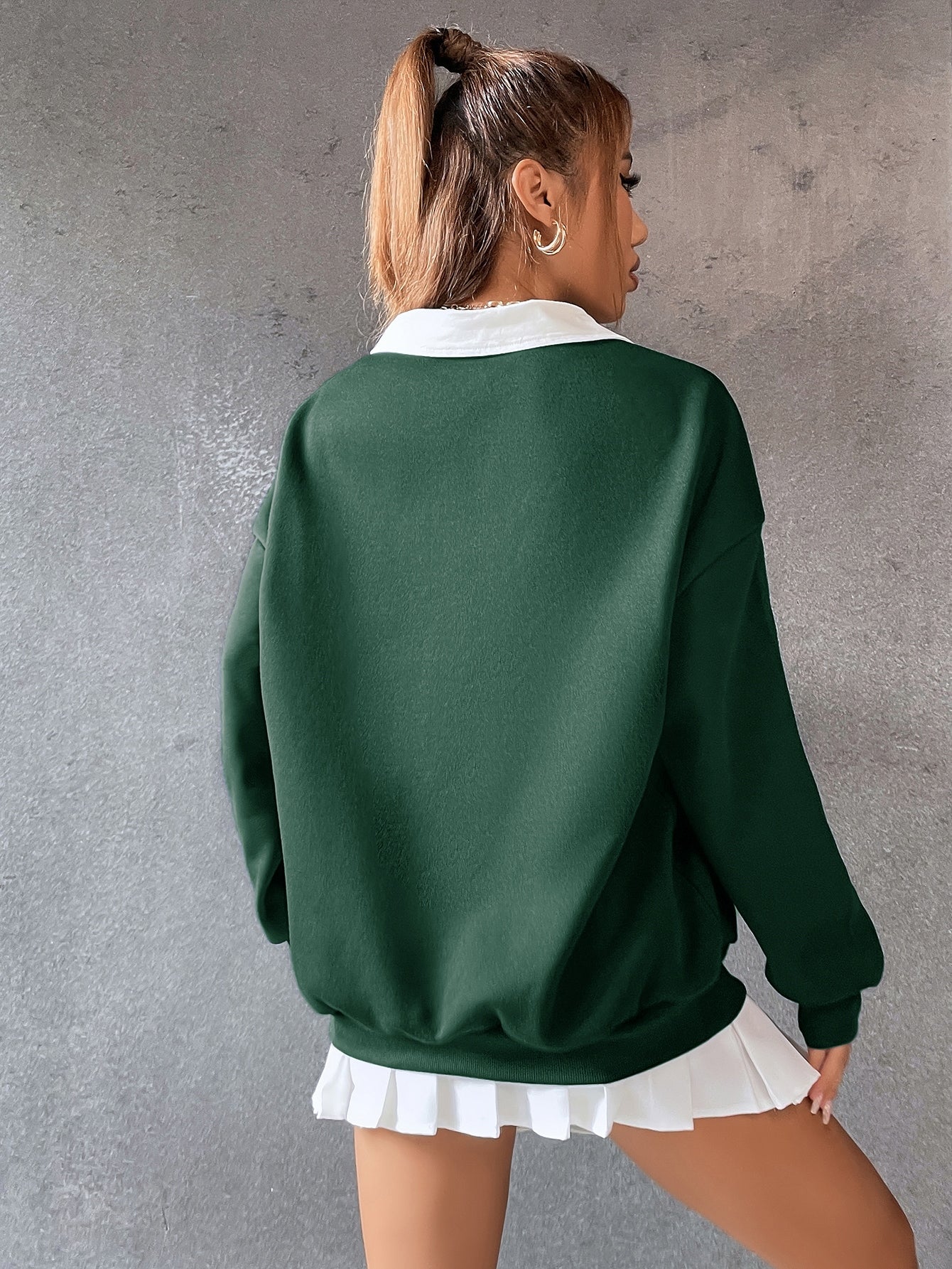 Qutie Polo Collar Drop Shoulder Letter Graphic Pullover