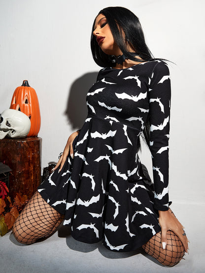 Bat Print Round Neck Dress, Halloween dress for women, Halloween women wear