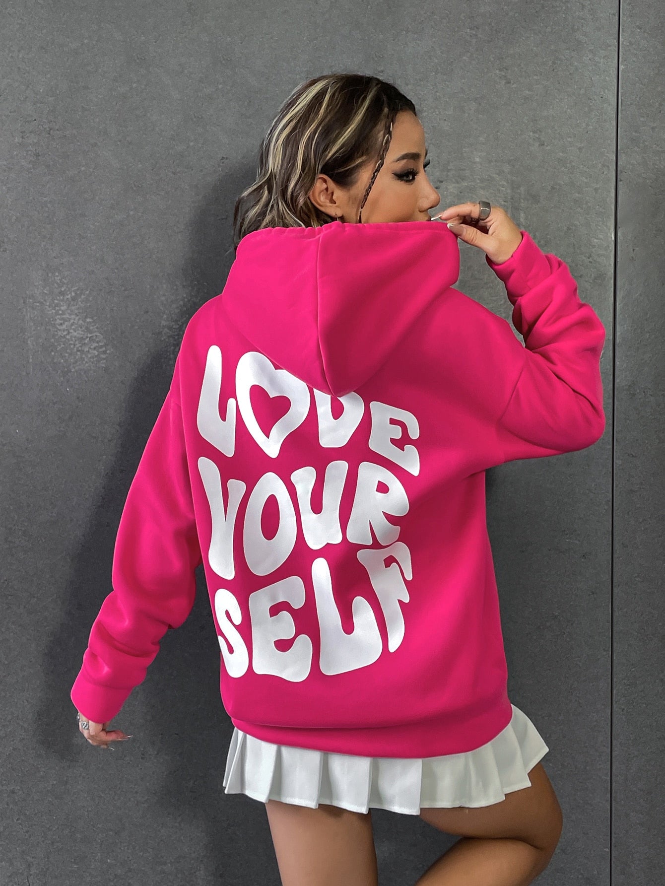 Qutie Slogan Graphic Drop Shoulder Drawstring Thermal Lined Hoodie